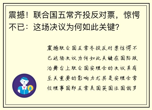 震撼！联合国五常齐投反对票，惊愕不已：这场决议为何如此关键？